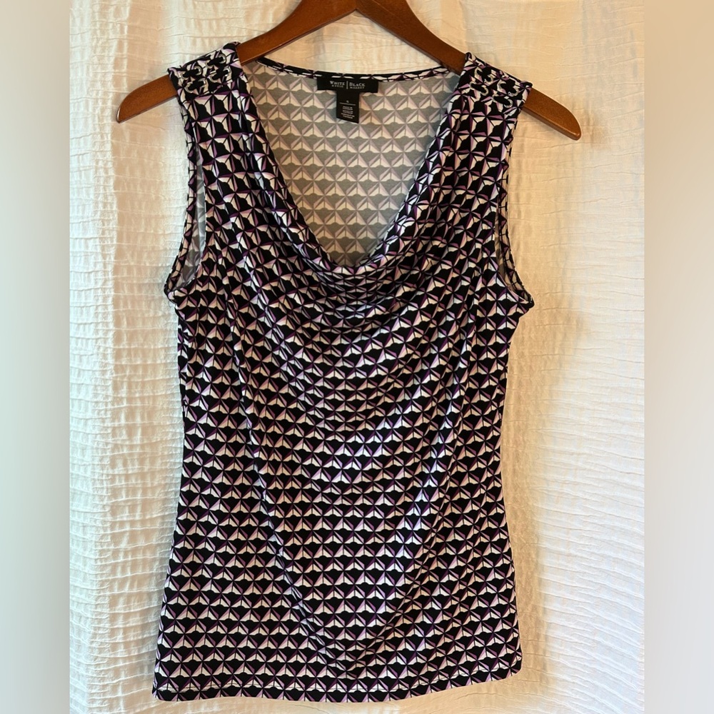 White House Black Market Black and Purple Geometric Cowl Neck Tank